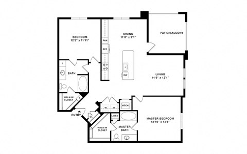 Floor plan for 2 beds, 2 baths, 1274 sqft